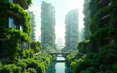 Splendid environmental awareness city with vertical forest concept of metropolis covered with green plants. Civil architecture and natural biological life combination. Digital art generative AI.