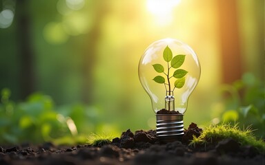 tree growing on light bulb with sunshine in nature. saving energy and eco concept. High quality