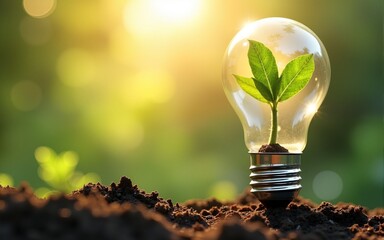 tree growing on light bulb with sunshine in nature. saving energy and eco concept. High quality