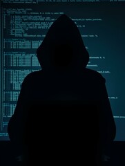 A hooded criminal silhouetted while hacking on binary code background cybercrime concept