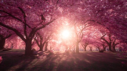 Pink blossoms illuminate a serene grove