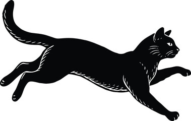 Jumping Black Cat Silhouette, Running Feline Vector Illustration