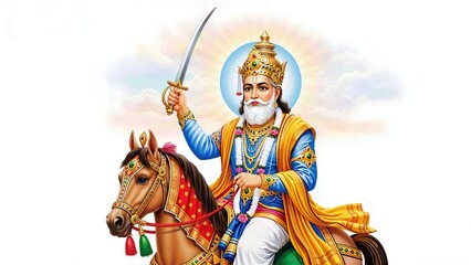 Jhulelal Sai, the divine protector, is depicted as Jhulelal Sai sitting majestically on a horse with a sword. Jhulelal Sai blesses devotees on Chetichand.