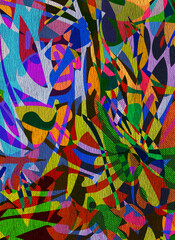 Obraz premium A Botanic Storm of Joy. Colorful abstract floral-inspired background with layered organic shapes, vibrant spring tones, and textured patterns evoking nature and blooming plants