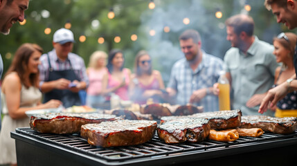 Background of people at barbecue party grilling steaks and meats outdoors. Concept Barbecue Party, Grilling Steaks, Outdoor Cookout, Socializing Outdoors, Summer Gathering