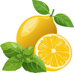 Fresh lemons, one whole and another sliced, accompanied by green leaves, creating a vibrant, appetizing scene. The image evokes freshness and the zesty appeal of citrus