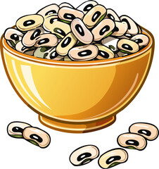 A bowl brimming with creamy white beans, artfully arranged. Several beans are seen scattered outside the bowl, adding to the appealing visual.