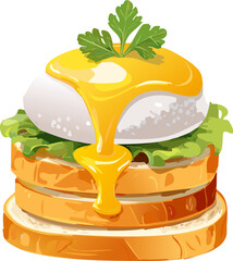 A close-up of a delicious egg benedict with hollandaise sauce, showing the food's textures, colors, and appealing nature