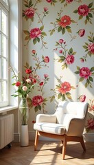 Elegant floral wallpaper adorns a sunlit interior, creating a vibrant and charming atmosphere Perfect for home decor, interior design, and spring themes , interior, nature