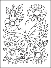 Obraz premium Bold and Easy Floral Coloring Page – Printable Line Art with Stars, butterflies, birds, and Flowers for Kids and Adults to relax and enjoy