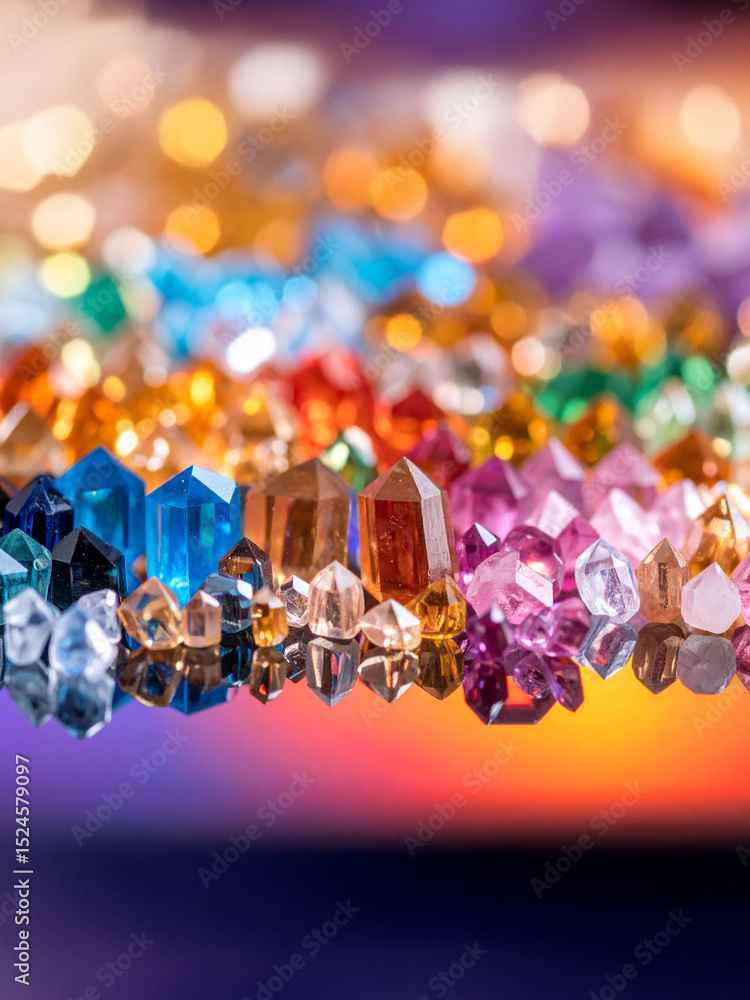 Poster a stunning array of colorful crystals rests on a reflective surface, surrounded by dreamy bokeh ligh