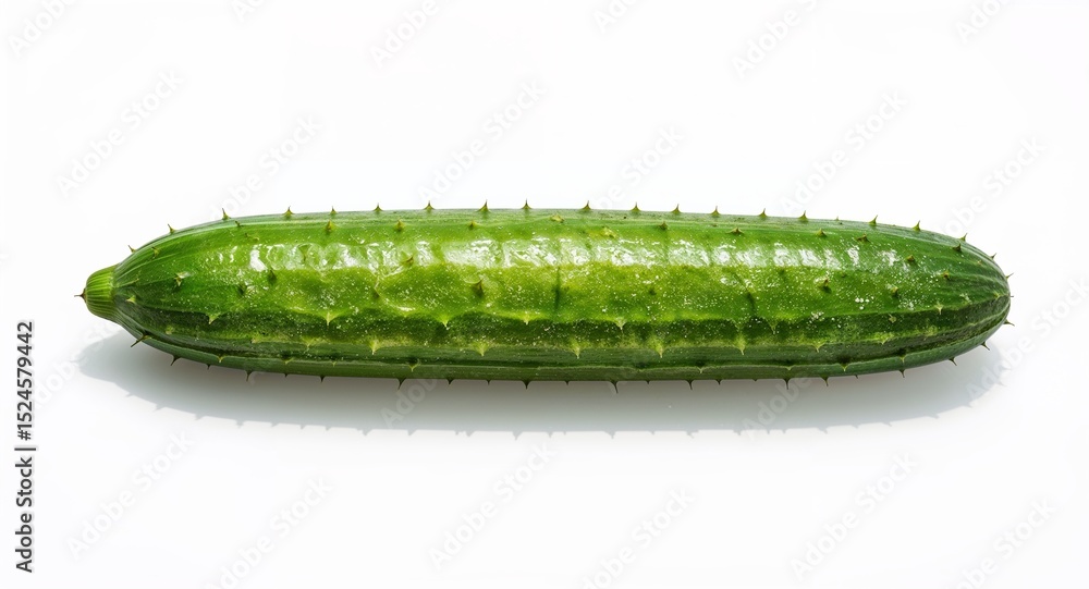 Poster a single green cucumber with small spikes on a white background in a horizontal orientation view