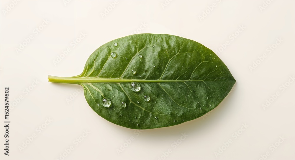 Poster isolated green leaf with water droplets on a plain background in a studio setting top down view