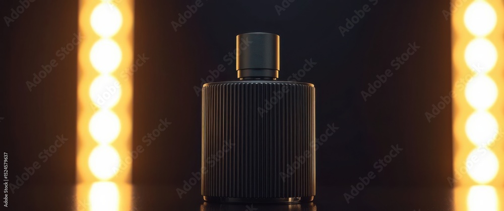 Poster elegant dark ribbed bottle against dark background with column lights to create a moody atmosphere.
