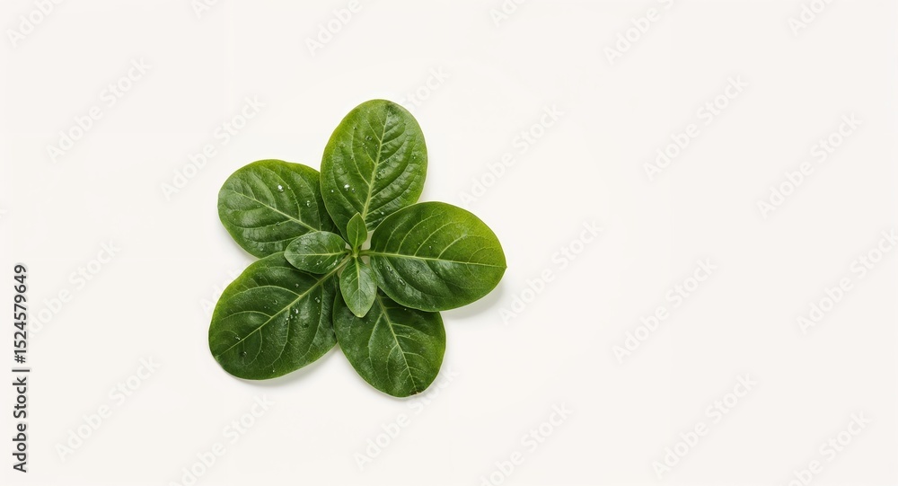 Poster a small cluster of fresh green basil leaves arranged on a stark white background in the upper left c