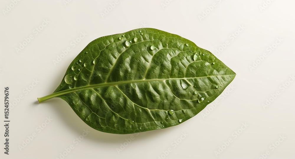 Poster a single green leaf with water droplets on a white background in a studio setting top down view