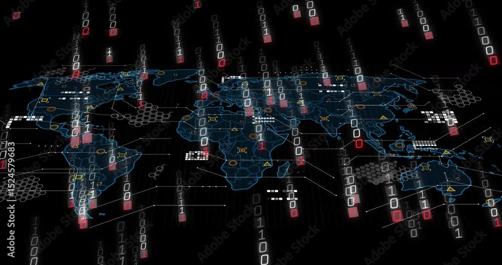 Poster on activation signal, neon-blue world map materializing and attracting binary rain for data display