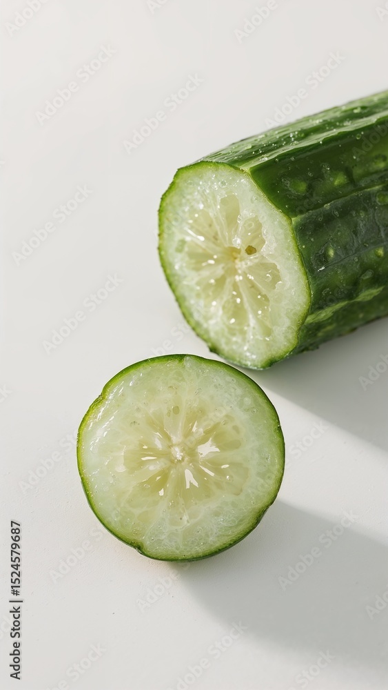 Poster close up of a sliced cucumber showing the inner texture and seeds on a white surface background