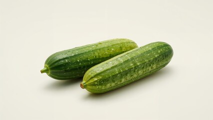 Two fresh green cucumbers lying side by side on a plain white surface in a well lit studio shot