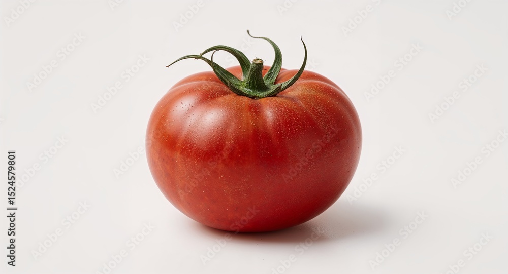 Poster a single red tomato with green stem on a white background in a studio setting with soft lighting