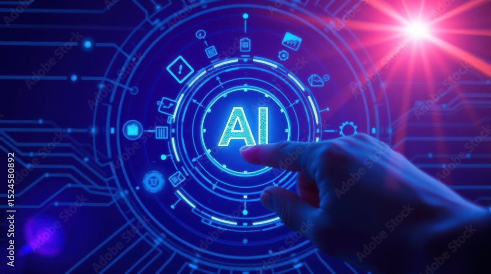 Poster futuristic ai interface with hand activating it, glowing interface, digital technology integration
