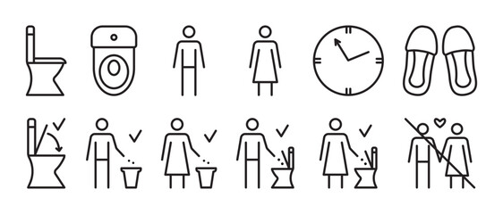 Black line icon set for public toilets, WC vector outline signs. Collection of monochrome pictograms for women and men restrooms, 12 editable stroke symbols