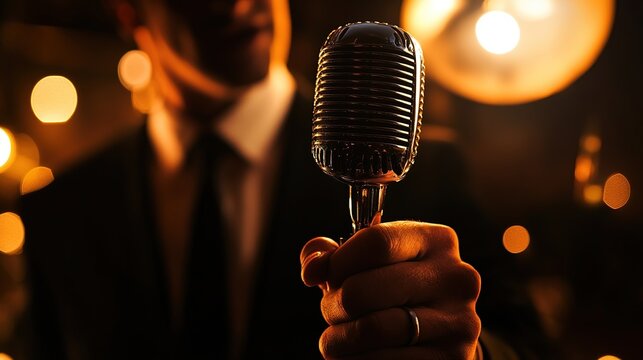 Close-up of a hand holding a vintage microphone, a blurred man in a suit in the background, illuminated by warm, ambient lighting