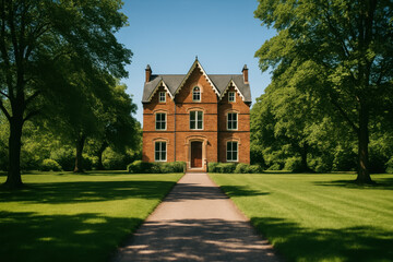 Elegant Victorian Brick Home Nestled Between Green Lawns And Tree Canopy On A Sunny Day