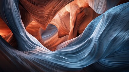 Obraz premium Abstract Swirling Canyon Walls: Blue and Orange Hues, Dramatic Light and Shadow, Natural Rock Formation Texture, Arizona Antelope Canyon Photography