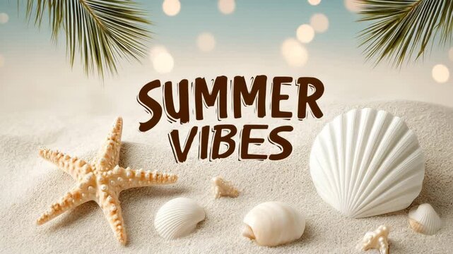 Bright summer vibes featuring seashells and starfish on sandy beach with palm leaves and soft sunlight creating a warm atmosphere