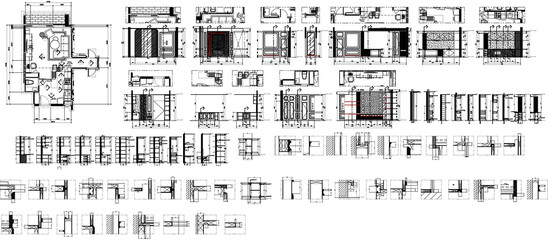 Interior design, kitchen and guest zone, condominiums, drawing furniture layout plan development section detail, classic vector style.	
