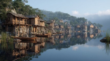 Obraz premium Idyllic Riverside Village: Tranquil Stilt Houses on Misty Water Landscape