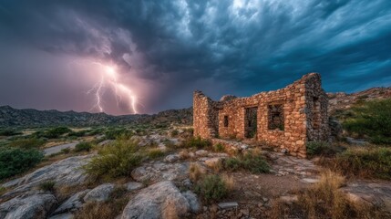 Obraz premium Striking lightning storm illuminates ruins and landscape in atmospheric scene