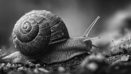 Monochrome marvel of a garden snail traversing its miniature terrain