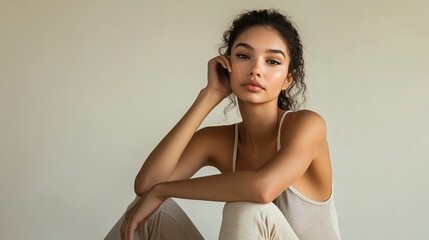 A young woman with tan skin and dark, curly hair sits against a neutral backdrop, her hand gently resting on her face, gazing directly at the camera, wearing a simple, light-colored top and pants