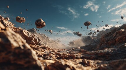 Obraz premium Chaotic celestial landscape featuring levitating rocks against cloudy sky