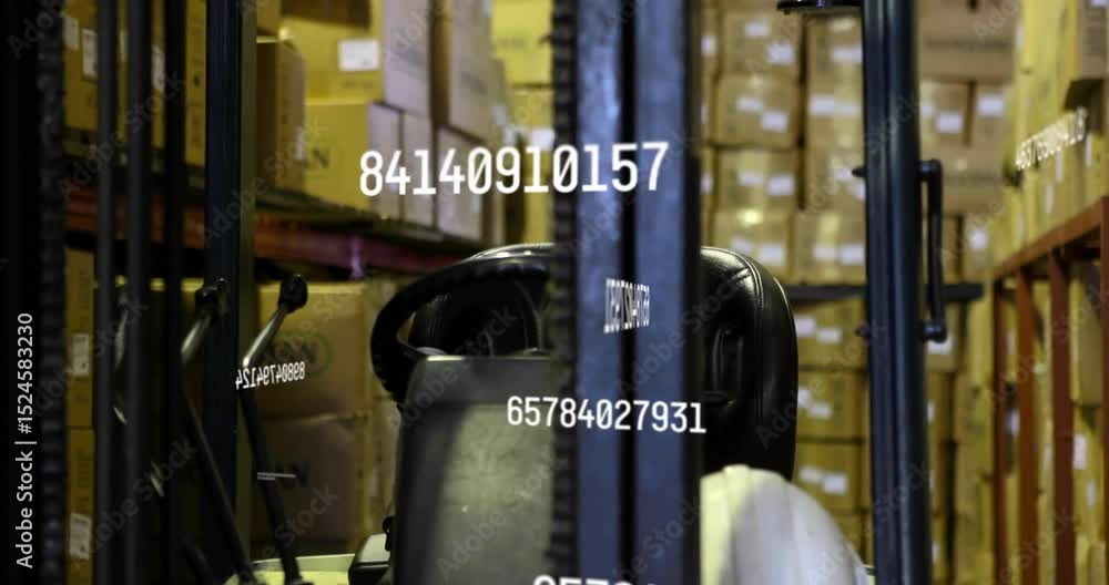 Poster floating numeric data initiating inventory scan, forklift moving down aisle activating amber beacon