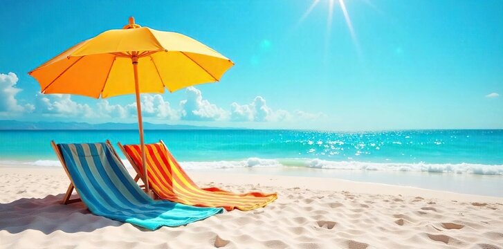 A vibrant summer scene featuring a beach umbrella, vibrant beach towels, and sun-drenched sand, perfect for evoking feelings of relaxation and carefree summer fun , outdoor, calm, beautiful