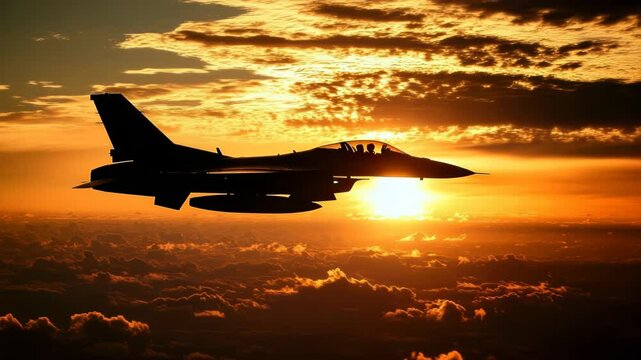 Spectacular silhouette of an F-16 fighter jet flying above the clouds at sunset
