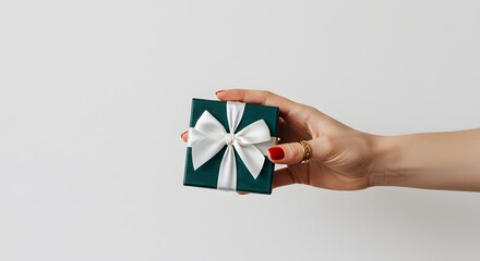 Hand holding a small emerald green gift box with white bow
