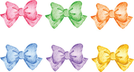 Charming Watercolor Bright Ribbon Bow Clipart Set. Colorful Baby and Kids Elements Design Isolated on White Background 