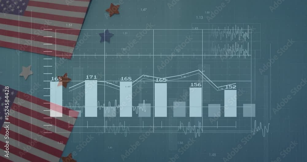 Poster flag and stars sliding as bars fading and updating, line graph shifting to visualize data trends