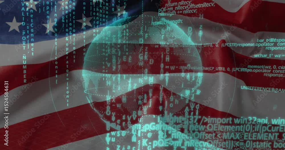 Poster upon start turquoise globe rotating over waving american flag with cascading code visualizing data