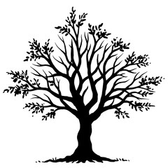 Fototapeta premium Tree Silhouette: A stark silhouette of a majestic tree, its branches reaching skyward with intricate detail, stands against a background, embodying strength and resilience in this graphic design.