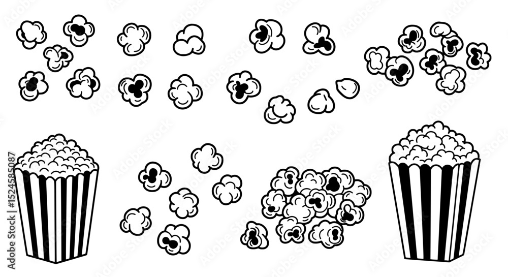 Poster popcorn collection: a delightful collection of hand-drawn popcorn illustrations, showcasing various 
