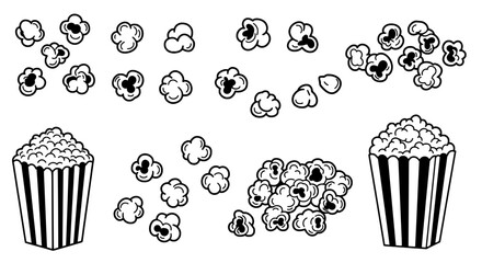 Popcorn Collection: A delightful collection of hand-drawn popcorn illustrations, showcasing various sizes and arrangements of popcorn kernels in and out of striped containers.