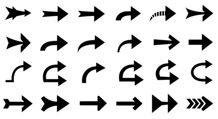 Directional Arrows: A comprehensive collection of black arrows with different shapes and designs, ready to point the way forward, conveying information, direction, or movement. 
