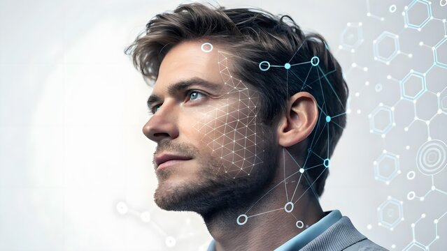 Innovative AI-generated image showcasing a man’s face integrated with nanotechnology elements, presented with a clean and minimalistic aesthetic to depict futuristic beauty.