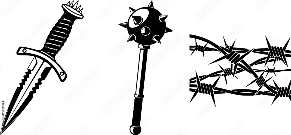 Wall mural three sharp objects with spikes in black and white