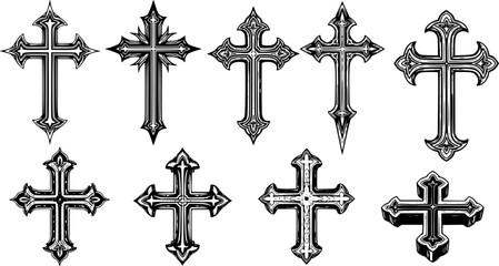 Ornate gothic cross with pointed edges in black ink